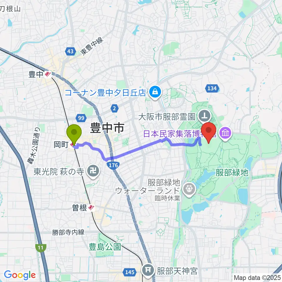 岡町駅から服部緑地陸上競技場へのルートマップ地図