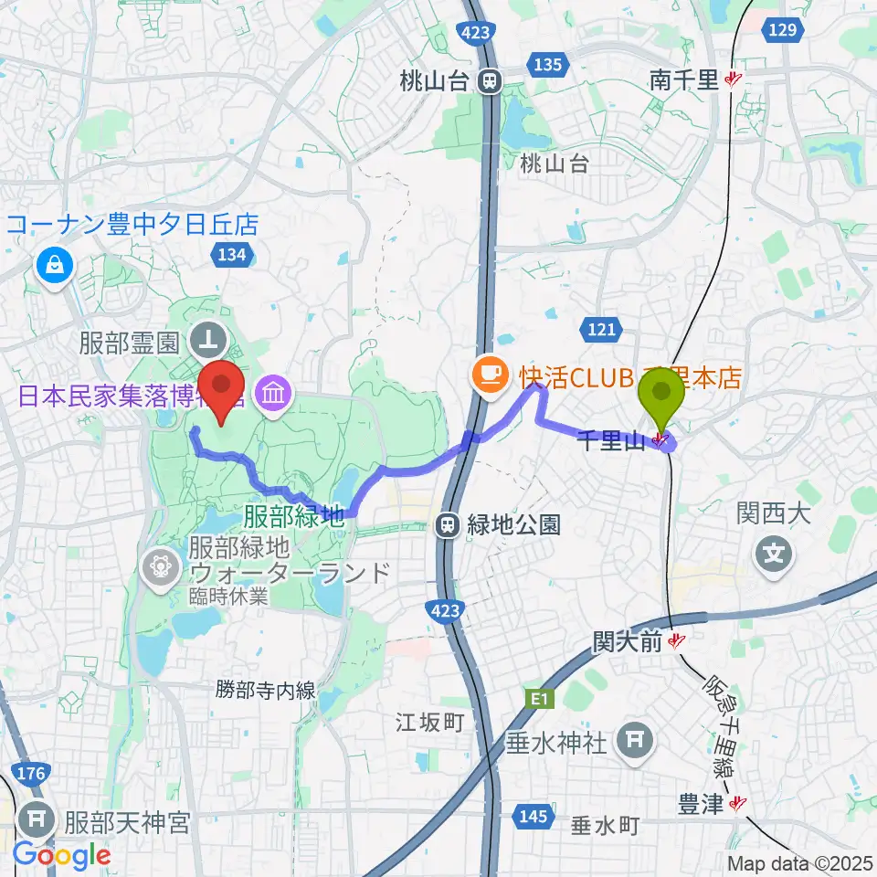 千里山駅から服部緑地陸上競技場へのルートマップ地図