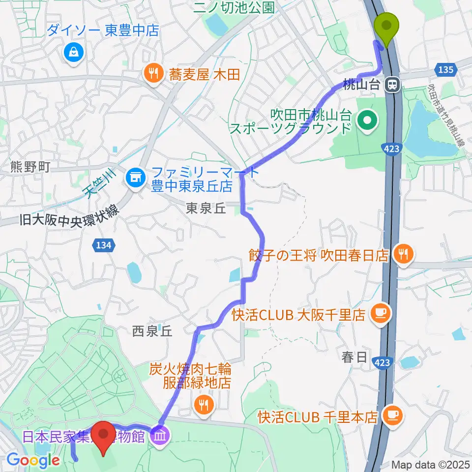 桃山台駅から服部緑地陸上競技場へのルートマップ地図