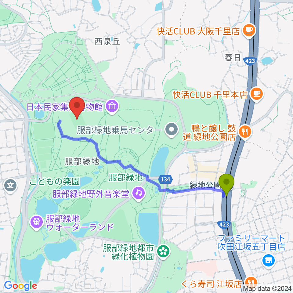 服部緑地陸上競技場の最寄駅緑地公園駅からの徒歩ルート（約18分）地図