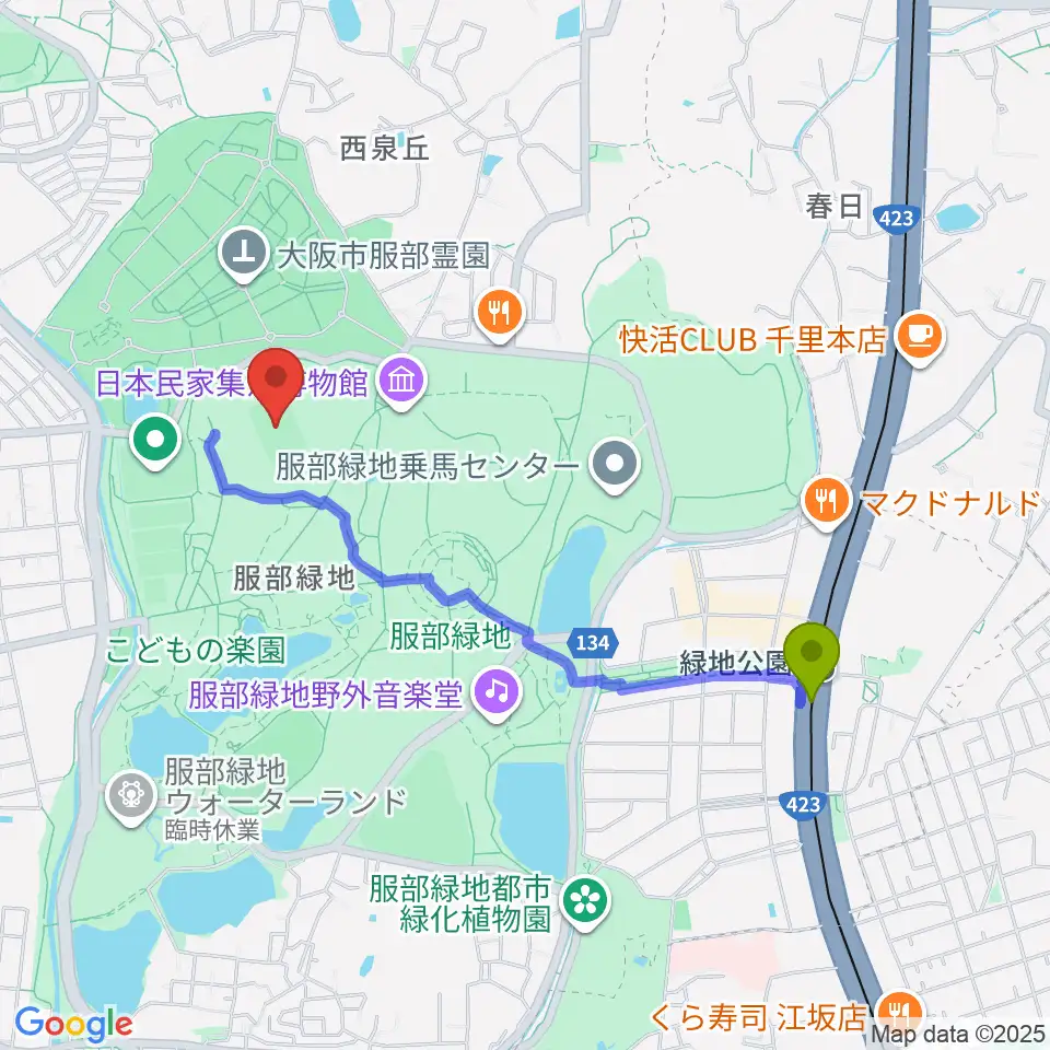 服部緑地陸上競技場の最寄駅緑地公園駅からの徒歩ルート（約18分）地図