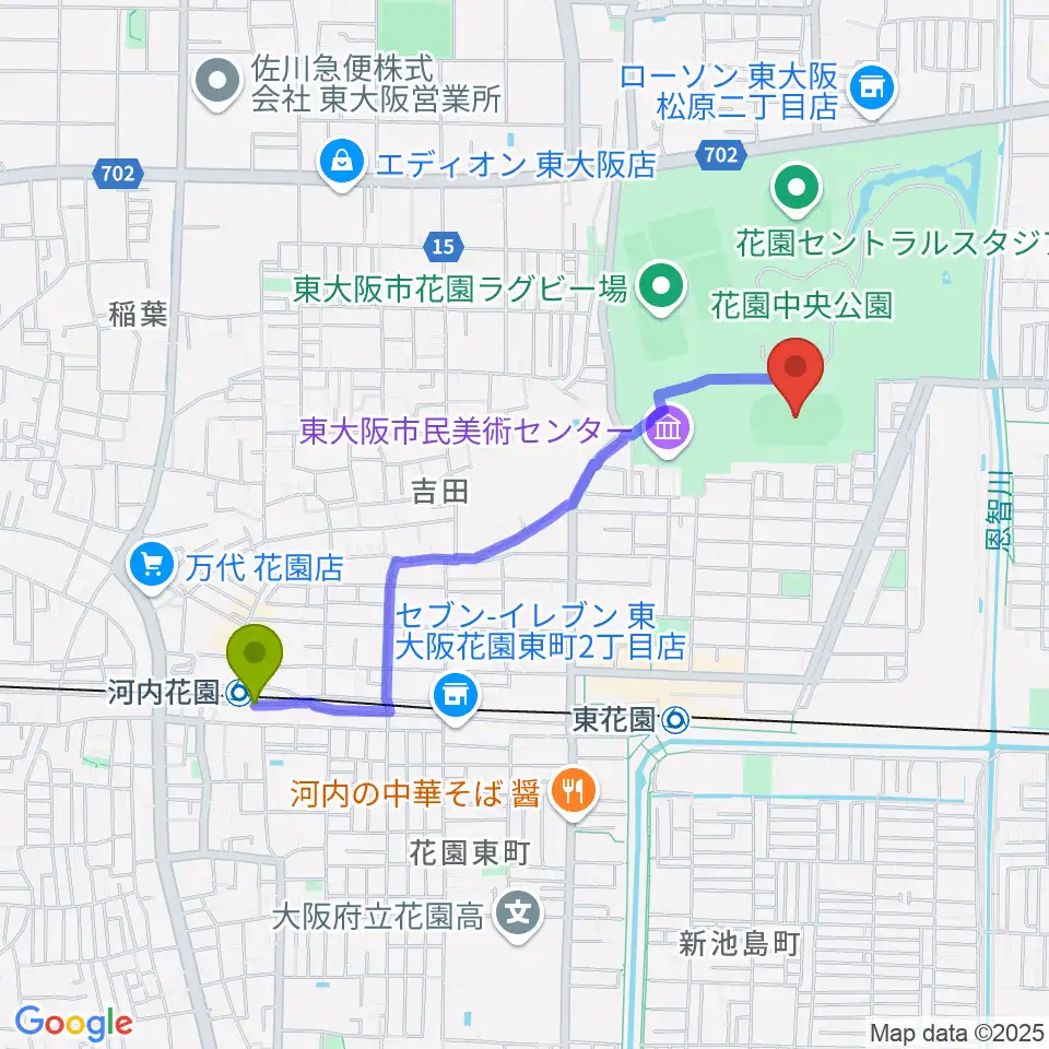 河内花園駅から東大阪市花園中央公園 多目的球技広場へのルートマップ地図