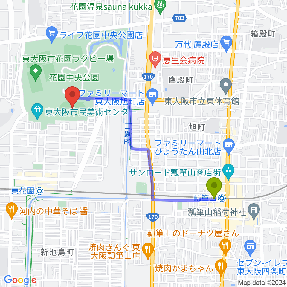 瓢箪山駅から東大阪市花園中央公園 多目的球技広場へのルートマップ地図