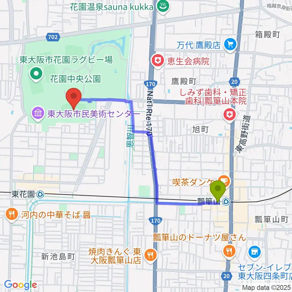 瓢箪山駅から東大阪市花園中央公園 多目的球技広場へのルートマップ地図