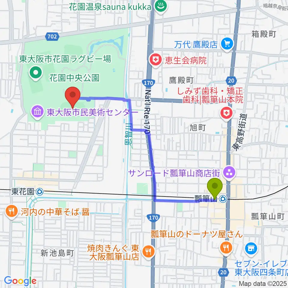 瓢箪山駅から東大阪市花園中央公園 多目的球技広場へのルートマップ地図