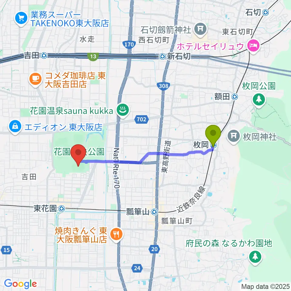 枚岡駅から東大阪市花園中央公園 多目的球技広場へのルートマップ地図