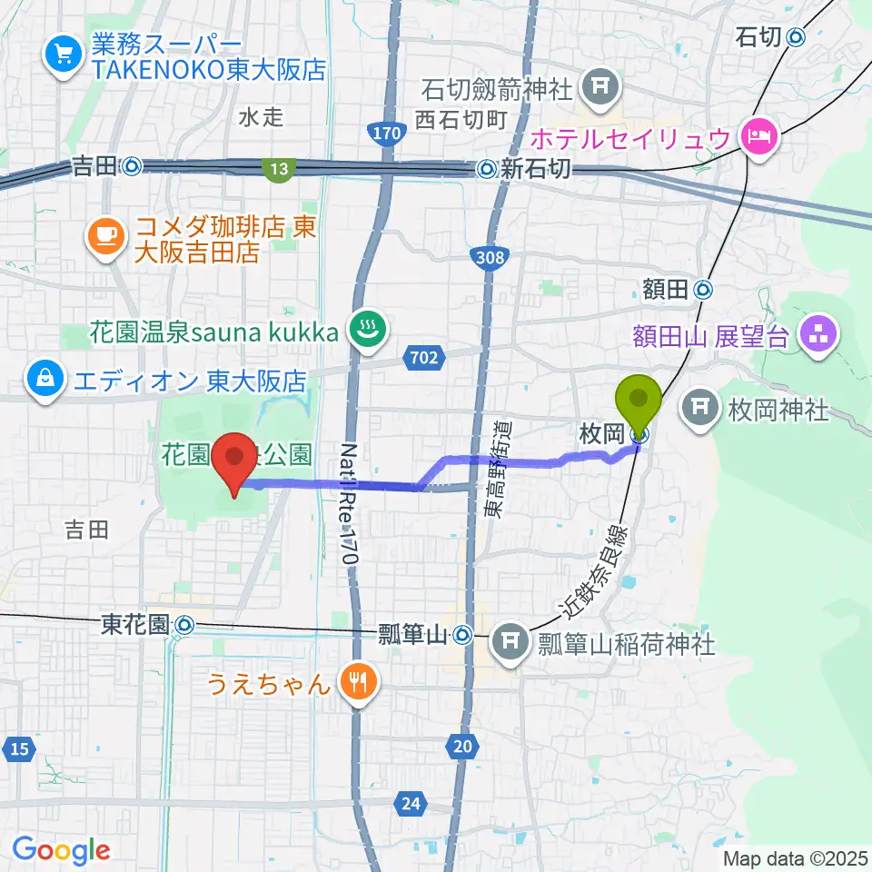 枚岡駅から東大阪市花園中央公園 多目的球技広場へのルートマップ地図