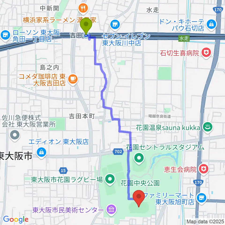 吉田駅から東大阪市花園中央公園 多目的球技広場へのルートマップ地図
