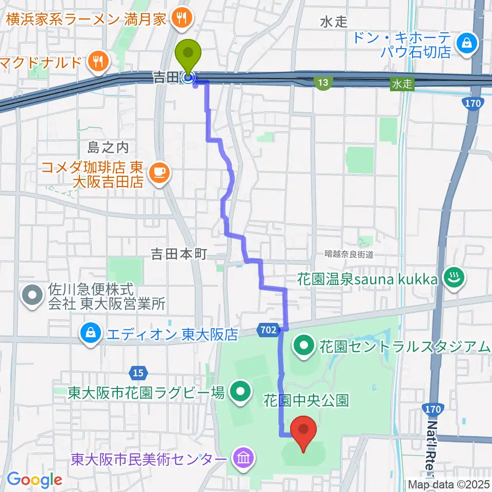 吉田駅から東大阪市花園中央公園 多目的球技広場へのルートマップ地図