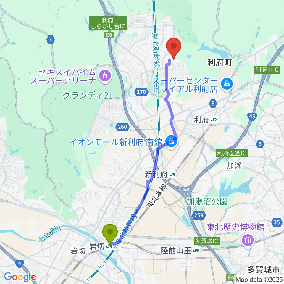 岩切駅からみやぎ生協めぐみ野サッカー場へのルートマップ地図