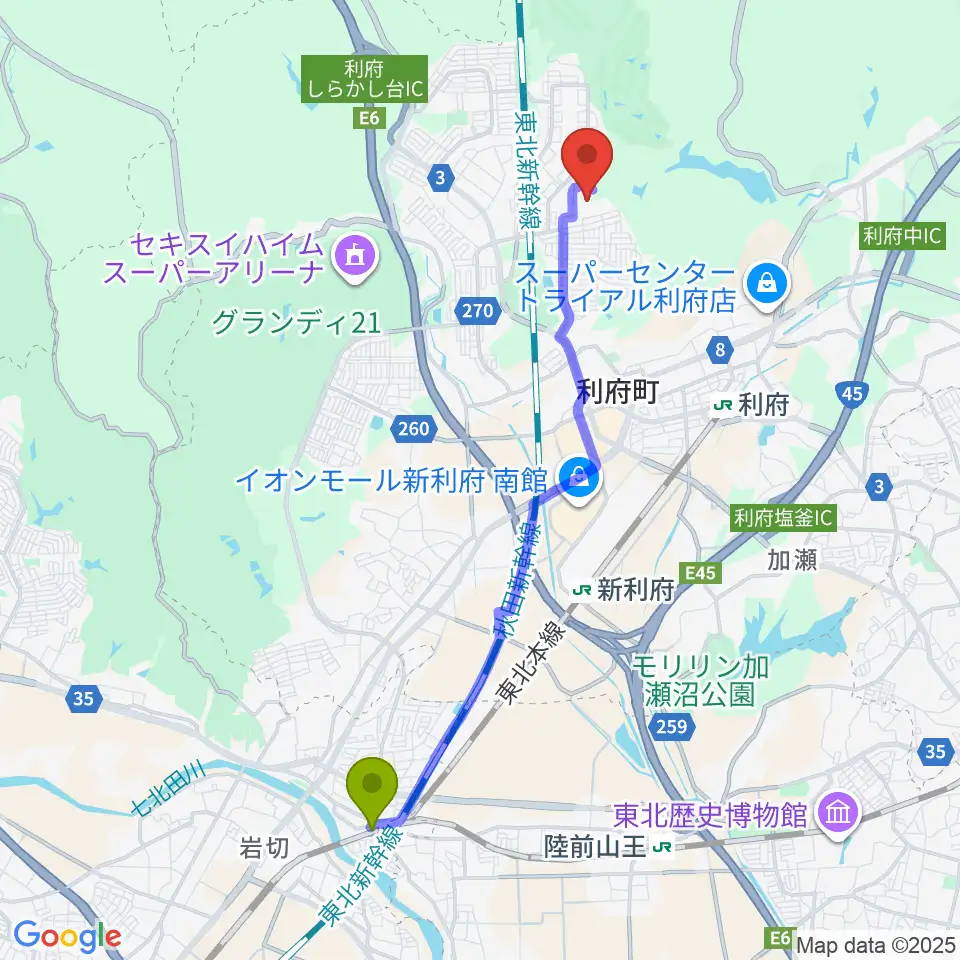 岩切駅からみやぎ生協めぐみ野サッカー場へのルートマップ地図