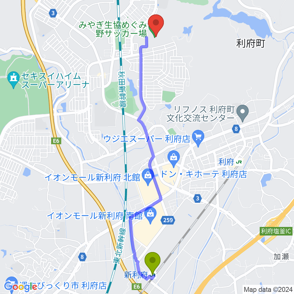 新利府駅からみやぎ生協めぐみ野サッカー場へのルートマップ地図