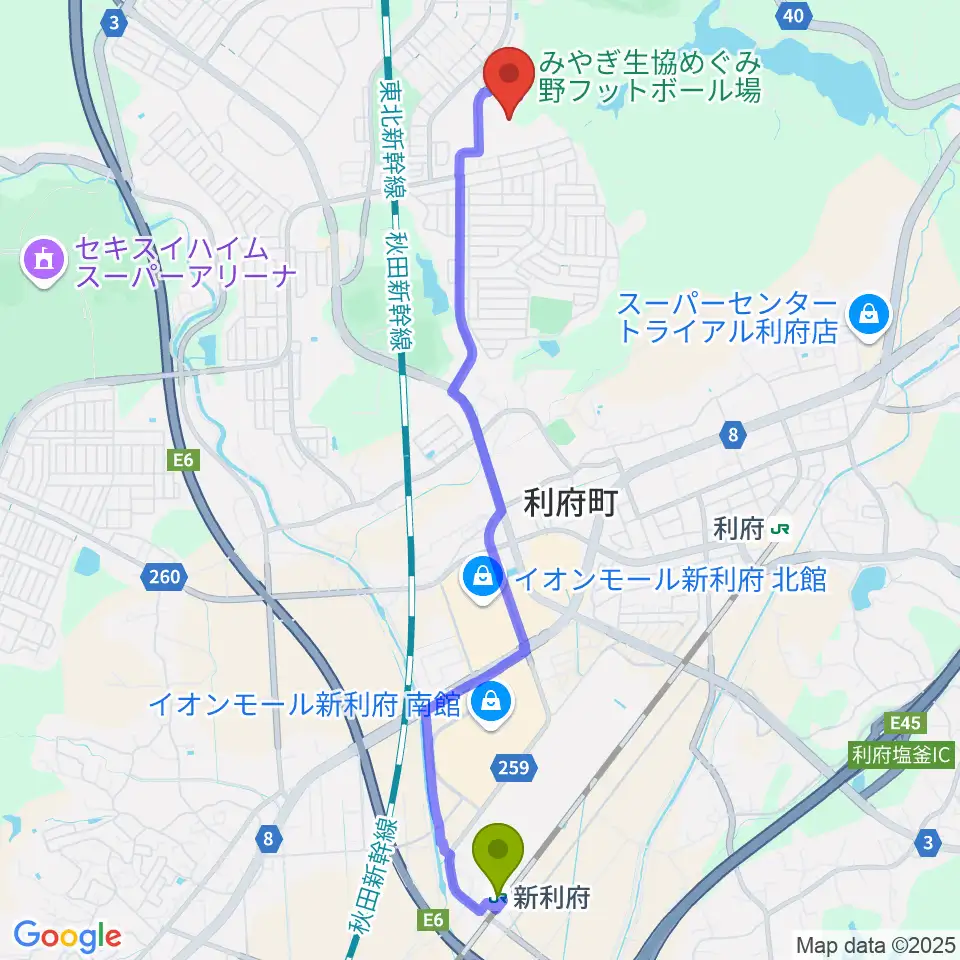 新利府駅からみやぎ生協めぐみ野サッカー場へのルートマップ地図