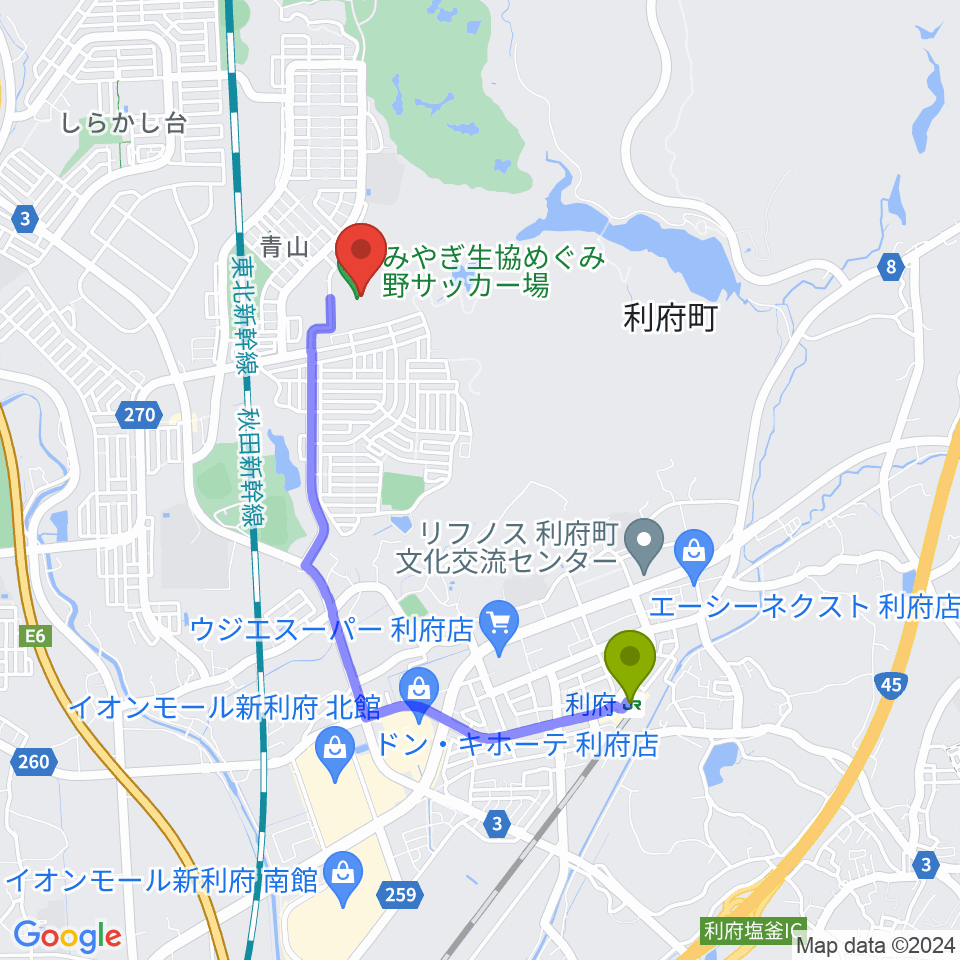 みやぎ生協めぐみ野サッカー場の最寄駅利府駅からの徒歩ルート（約30分）地図