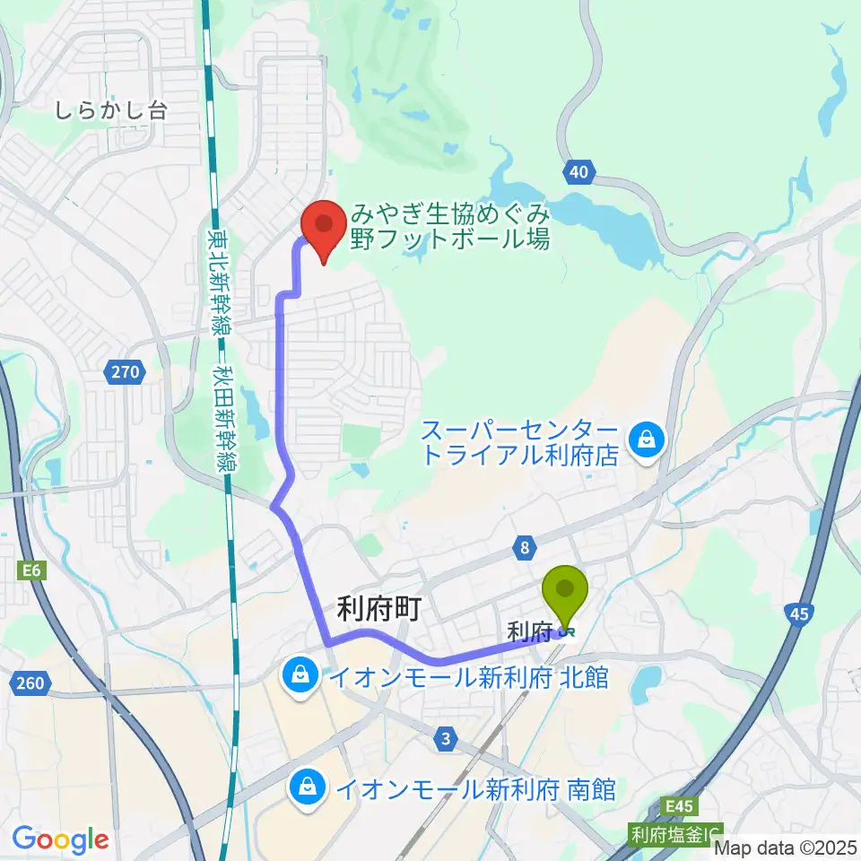 みやぎ生協めぐみ野サッカー場の最寄駅利府駅からの徒歩ルート（約30分）地図