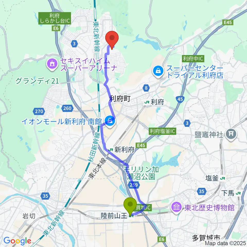 陸前山王駅からみやぎ生協めぐみ野サッカー場へのルートマップ地図