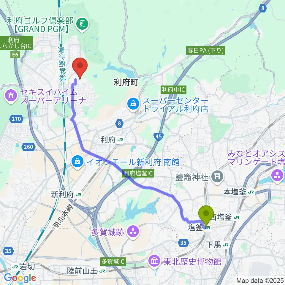 塩釜駅からみやぎ生協めぐみ野サッカー場へのルートマップ地図