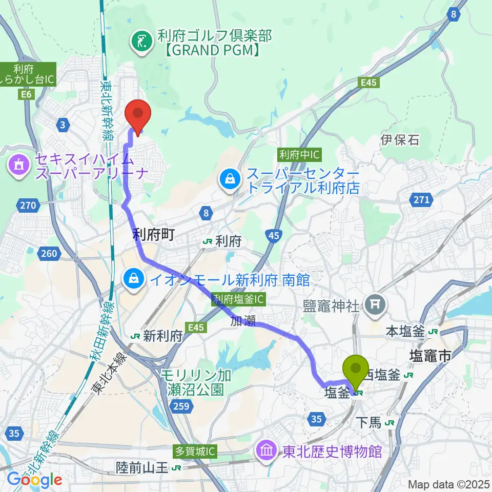 塩釜駅からみやぎ生協めぐみ野サッカー場へのルートマップ地図