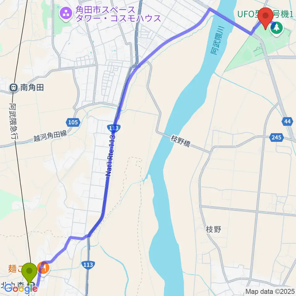 北丸森駅から角田市陸上競技場へのルートマップ地図