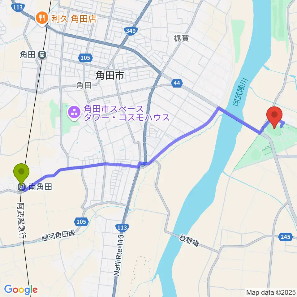 南角田駅から角田市陸上競技場へのルートマップ地図