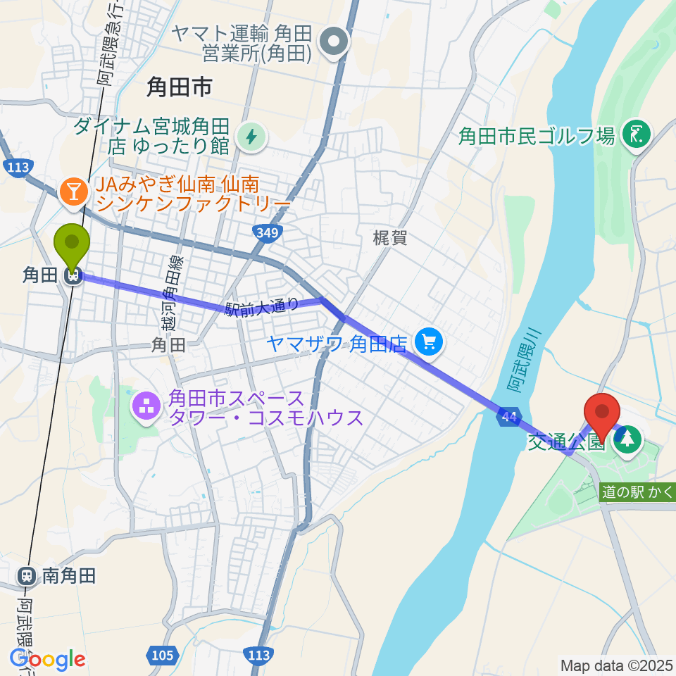 角田市陸上競技場の最寄駅角田駅からの徒歩ルート（約50分）地図