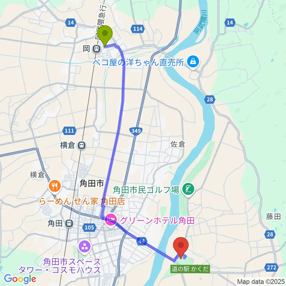 岡駅から角田市陸上競技場へのルートマップ地図