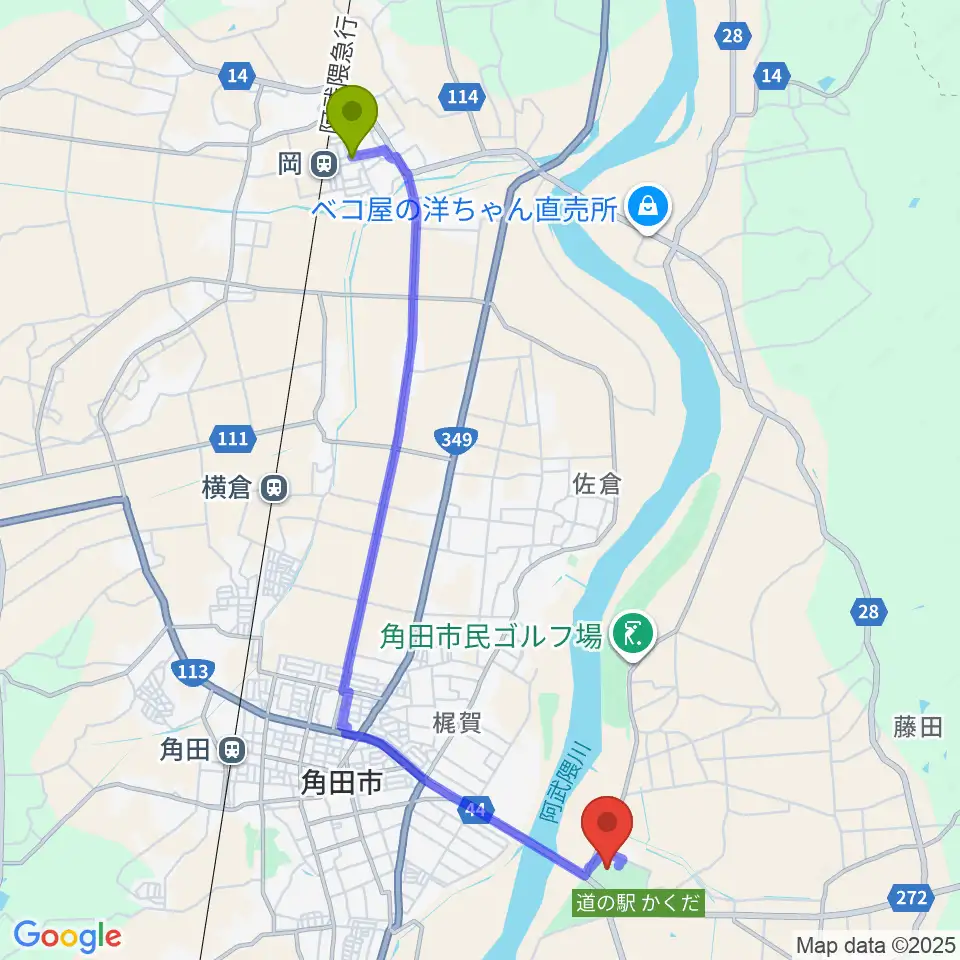 岡駅から角田市陸上競技場へのルートマップ地図