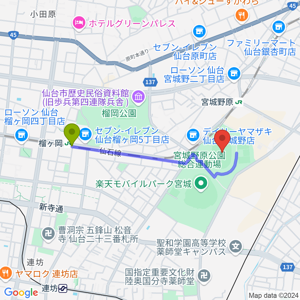 榴ケ岡駅から弘進ゴムアスリートパーク仙台へのルートマップ地図