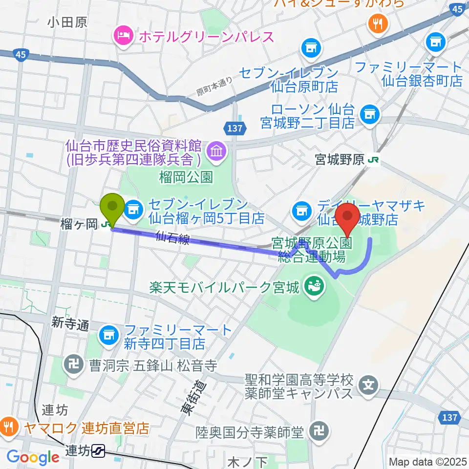 榴ケ岡駅から弘進ゴムアスリートパーク仙台へのルートマップ地図