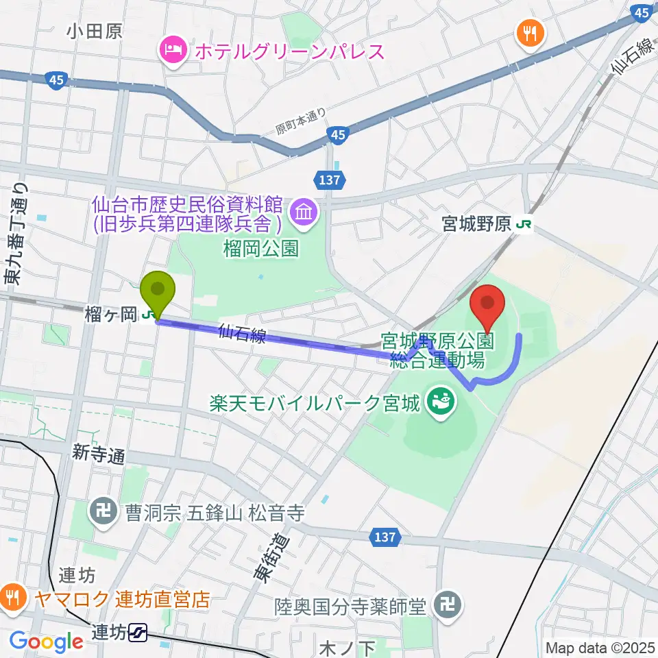 榴ケ岡駅から弘進ゴムアスリートパーク仙台へのルートマップ地図