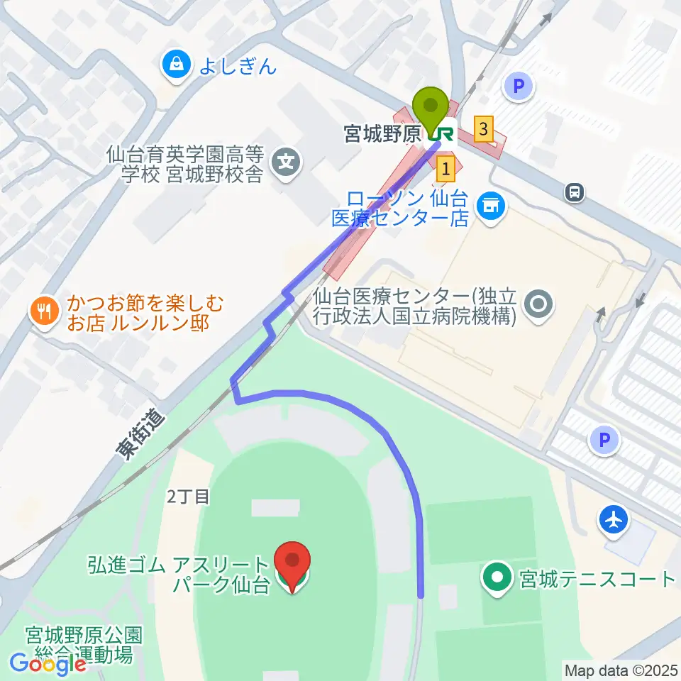 弘進ゴムアスリートパーク仙台の最寄駅宮城野原駅からの徒歩ルート（約5分）地図