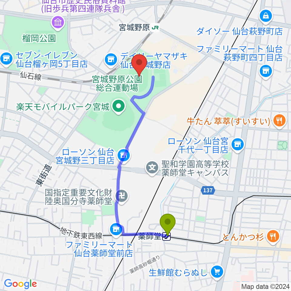 薬師堂駅から弘進ゴムアスリートパーク仙台へのルートマップ地図