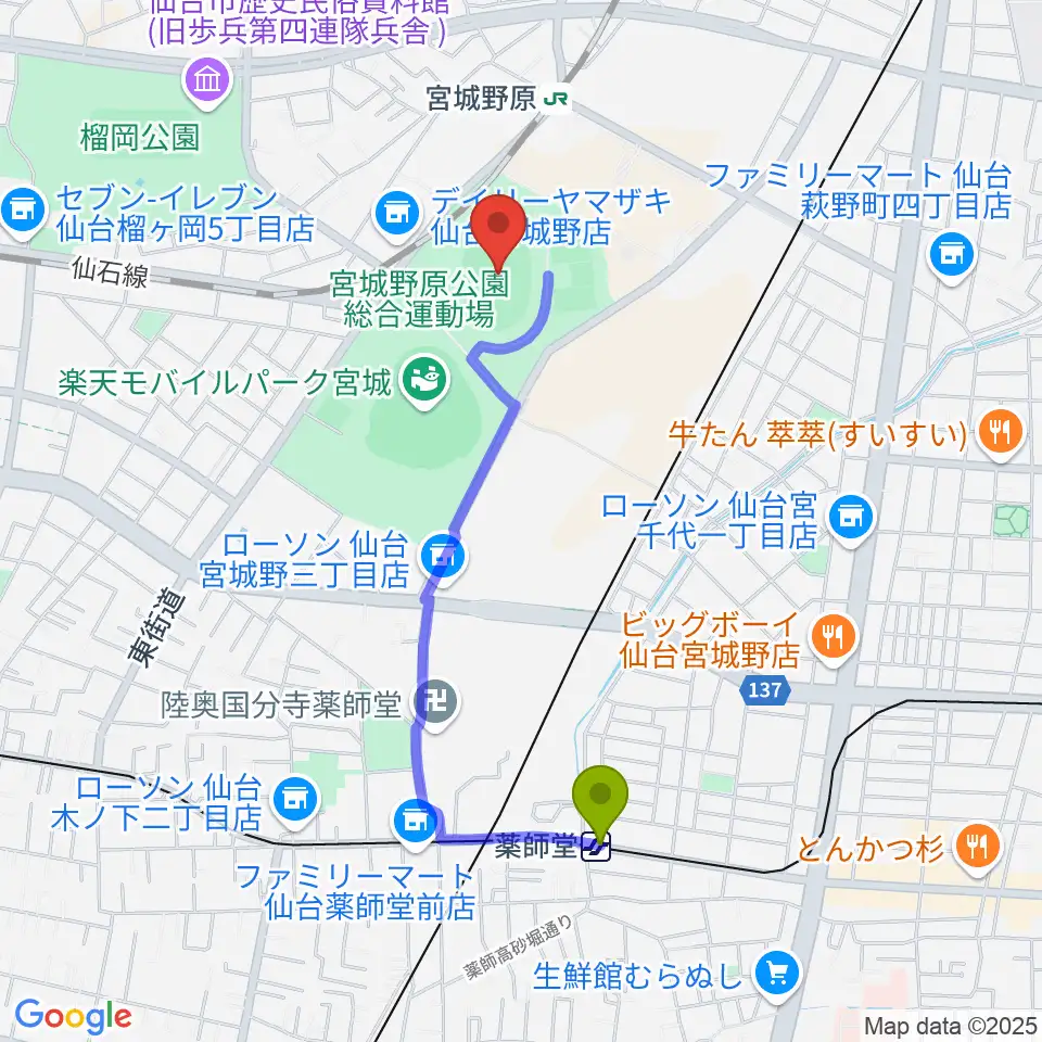 薬師堂駅から弘進ゴムアスリートパーク仙台へのルートマップ地図