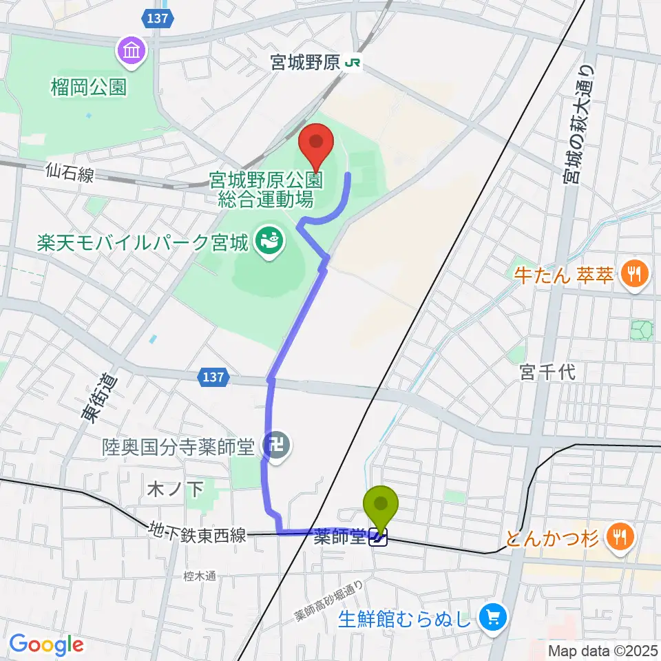 薬師堂駅から弘進ゴムアスリートパーク仙台へのルートマップ地図