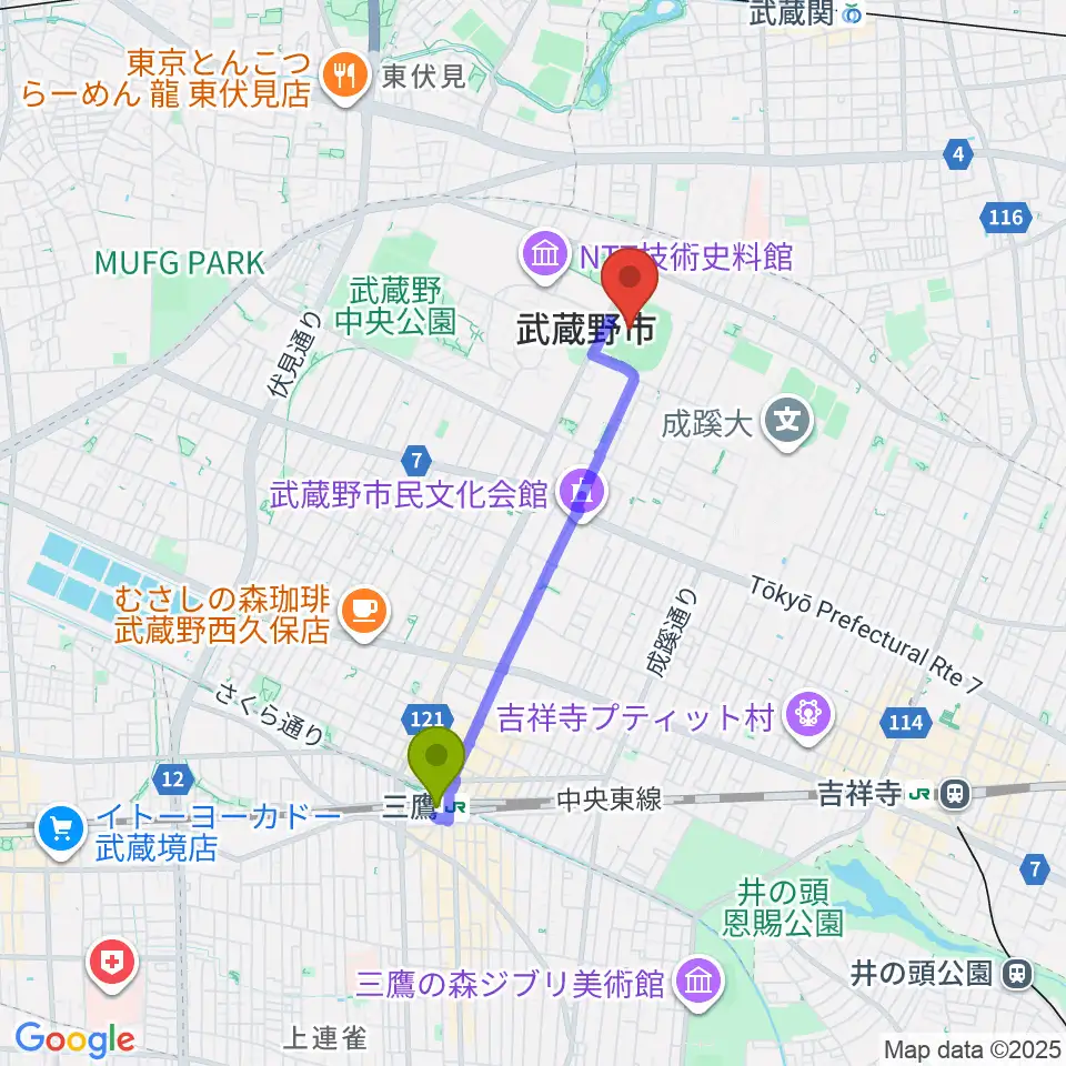三鷹駅から武蔵野陸上競技場へのルートマップ地図