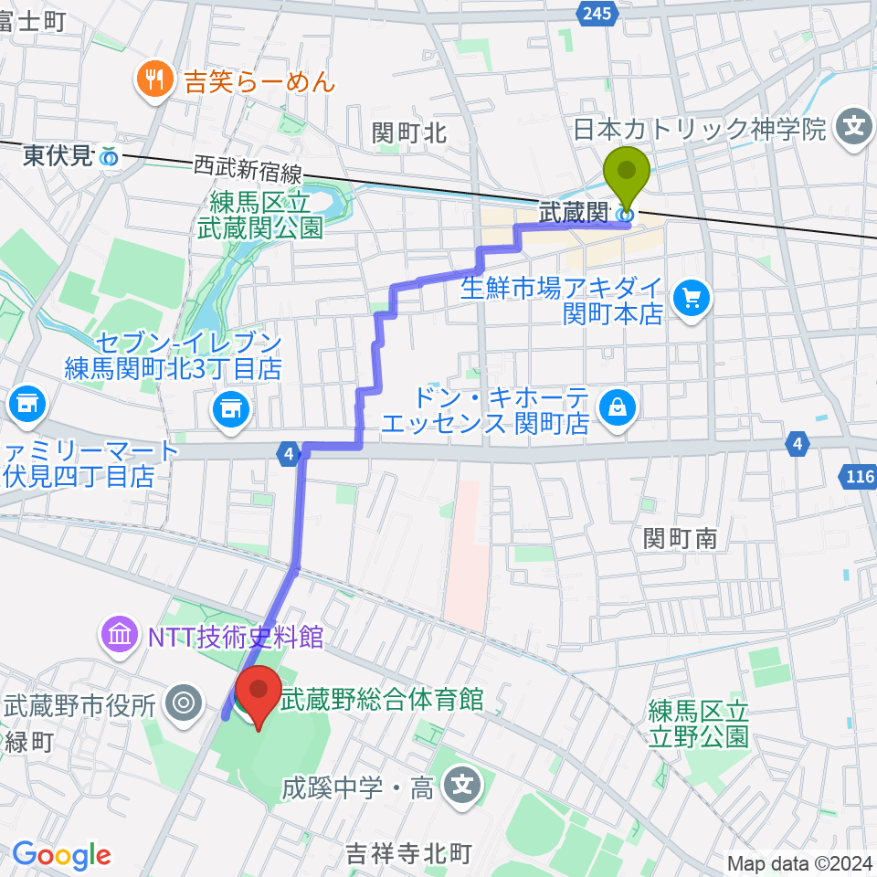 武蔵関駅から武蔵野陸上競技場へのルートマップ地図