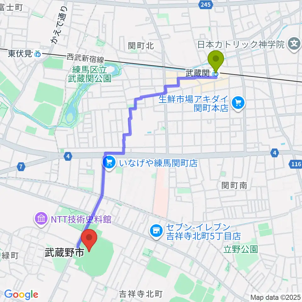 武蔵関駅から武蔵野陸上競技場へのルートマップ地図