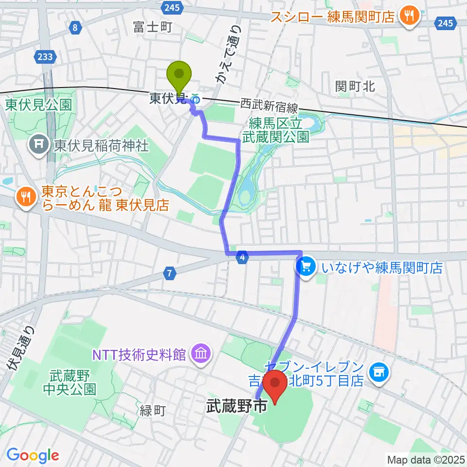 武蔵野陸上競技場の最寄駅東伏見駅からの徒歩ルート（約21分）地図