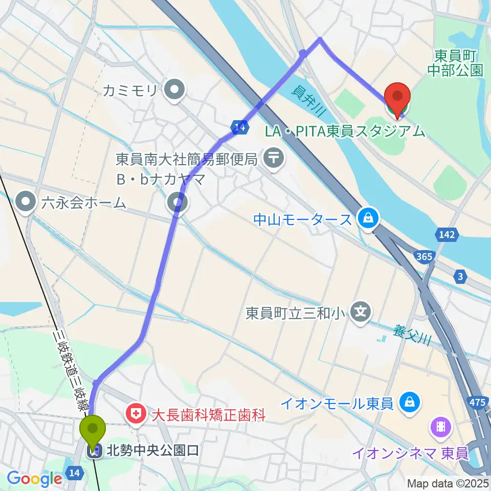 北勢中央公園口駅からLA・PITA東員スタジアムへのルートマップ地図