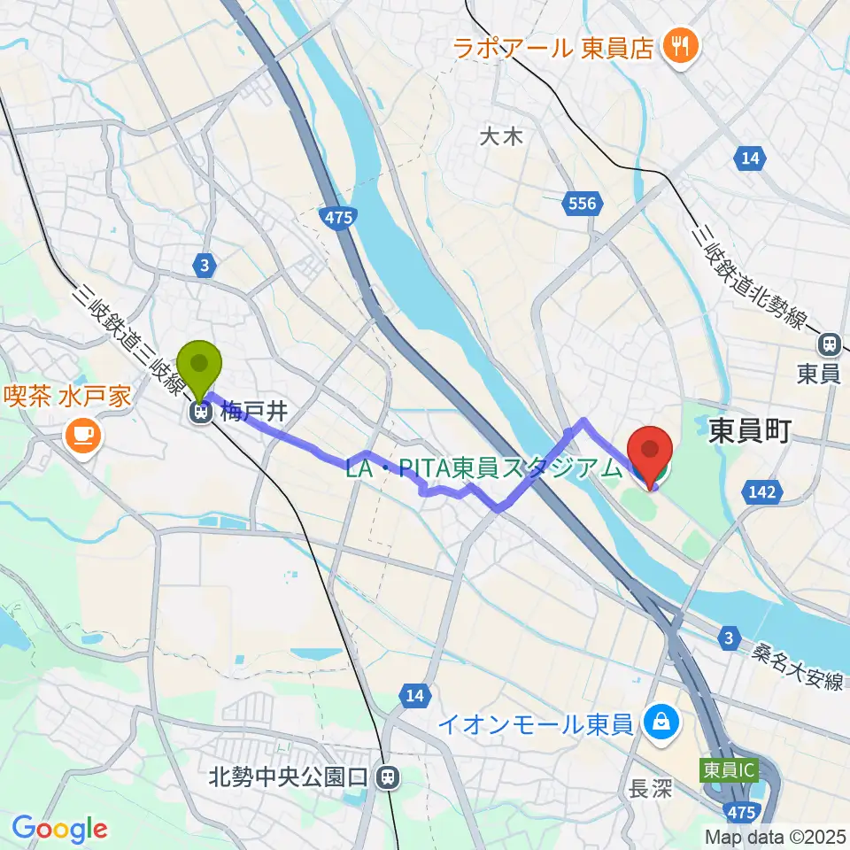 梅戸井駅からLA・PITA東員スタジアムへのルートマップ地図