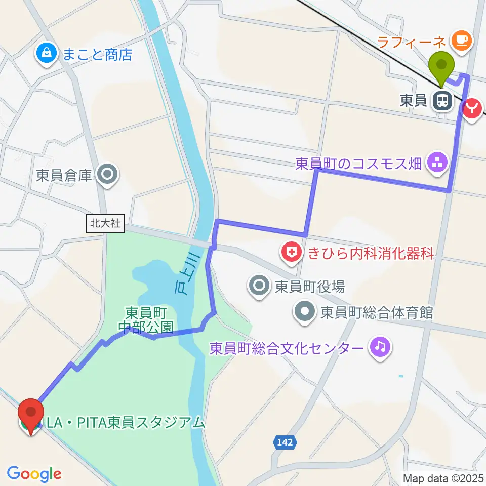 朝日ガスエナジー東員スタジアムの最寄駅東員駅からの徒歩ルート 約17分 Mdata