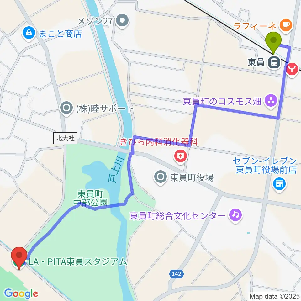 LA・PITA東員スタジアムの最寄駅東員駅からの徒歩ルート（約17分）地図