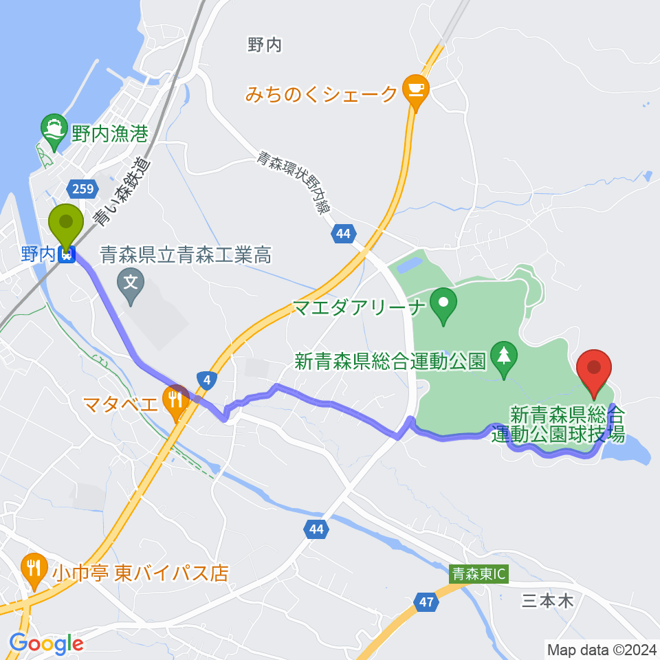 新青森県総合運動公園球技場の最寄駅野内駅からの徒歩ルート（約48分）地図
