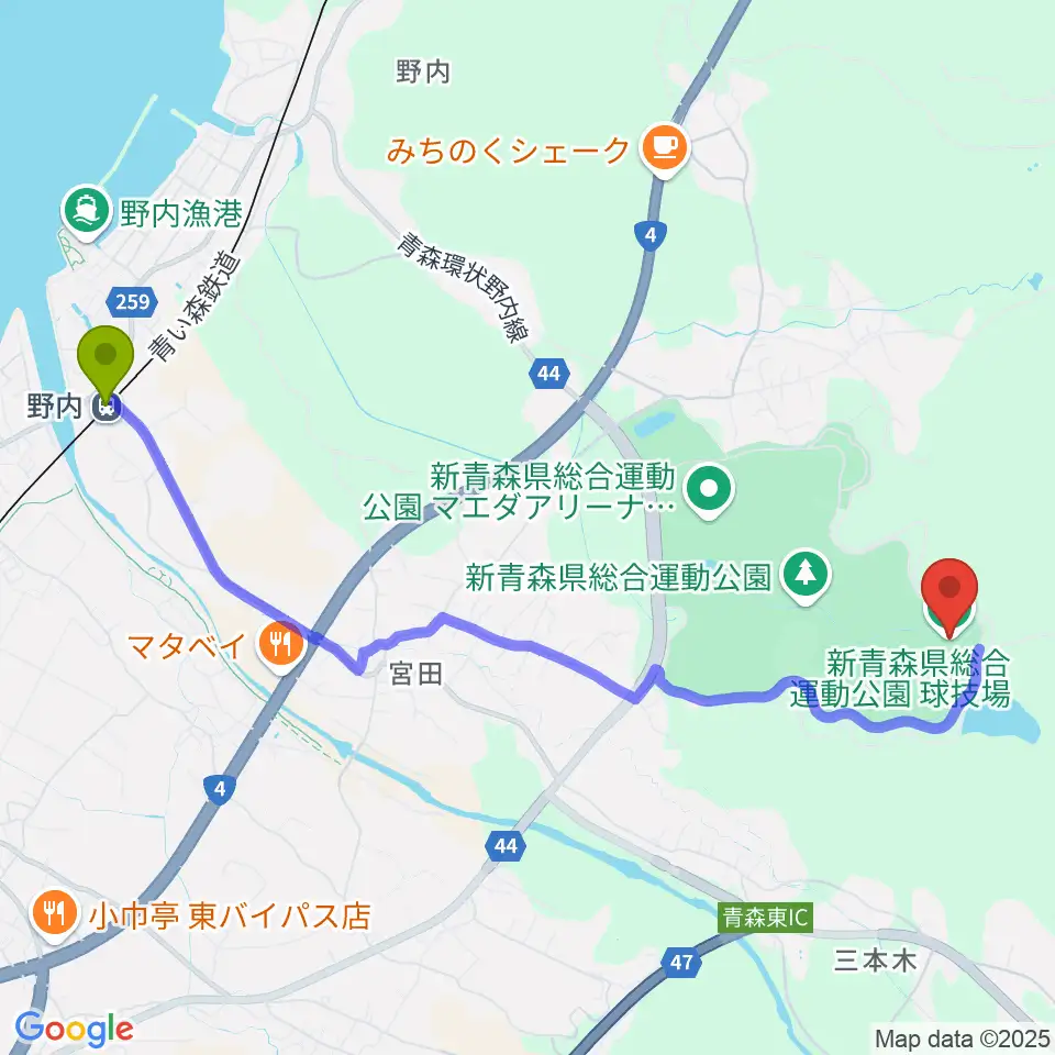 新青森県総合運動公園球技場の最寄駅野内駅からの徒歩ルート（約48分）地図