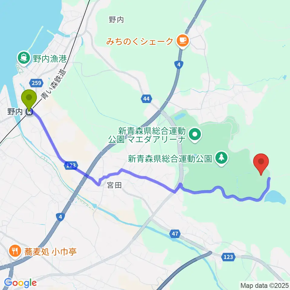新青森県総合運動公園球技場の最寄駅野内駅からの徒歩ルート（約48分）地図