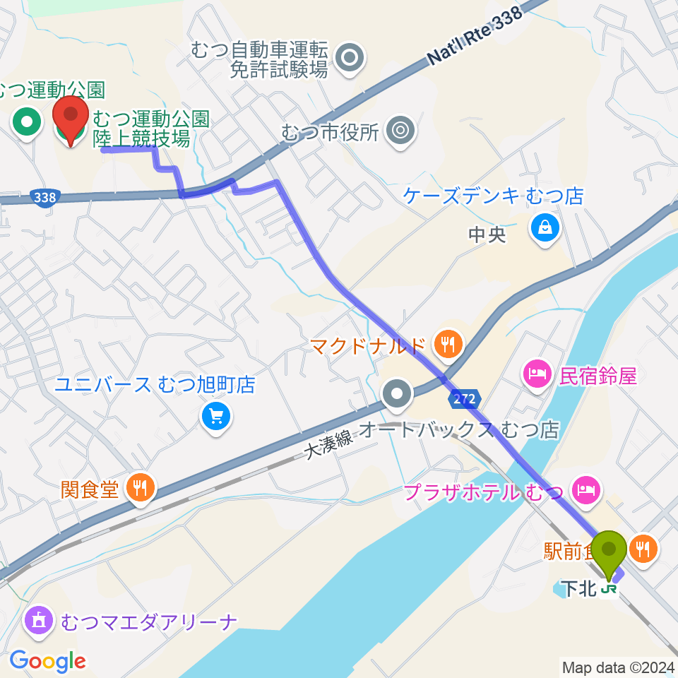 下北駅からむつ運動公園陸上競技場へのルートマップ地図