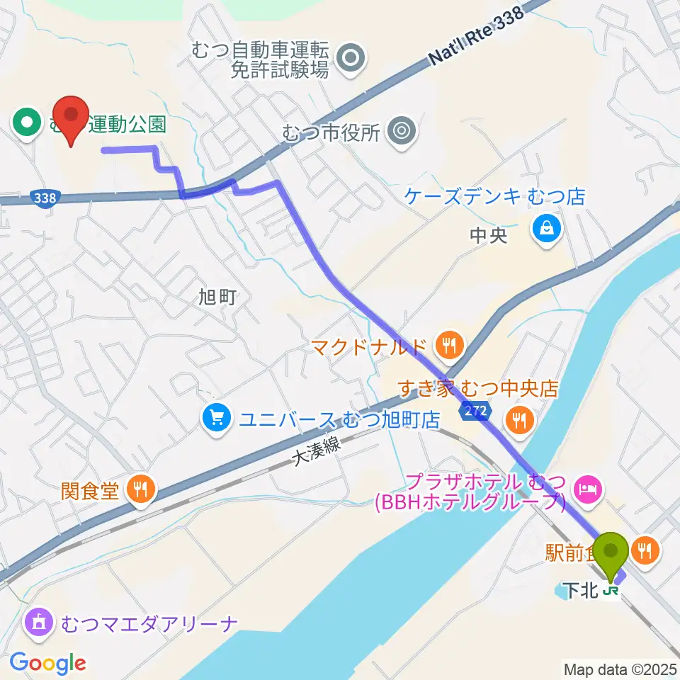 下北駅からむつ運動公園陸上競技場へのルートマップ地図