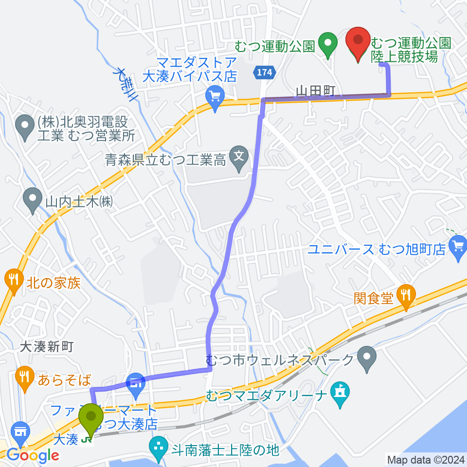 むつ運動公園陸上競技場の最寄駅大湊駅からの徒歩ルート（約28分）地図