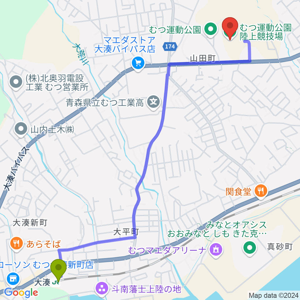 むつ運動公園陸上競技場の最寄駅大湊駅からの徒歩ルート（約28分）地図