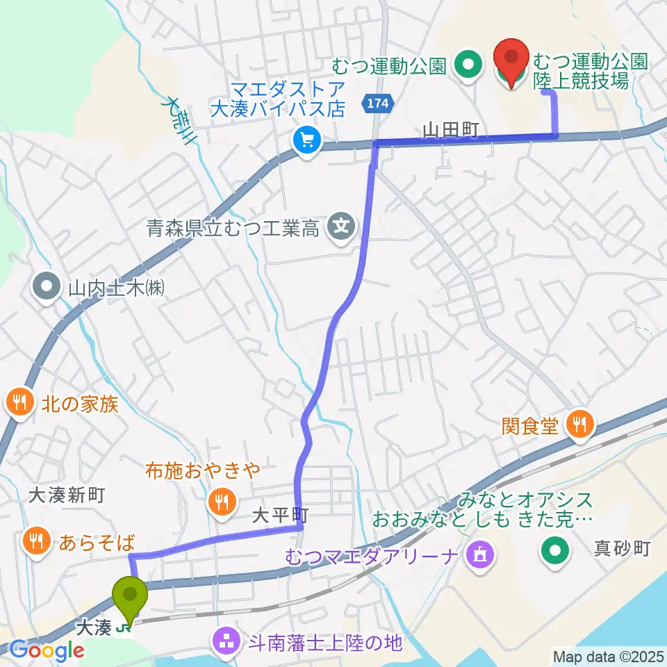 むつ運動公園陸上競技場の最寄駅大湊駅からの徒歩ルート（約28分）地図